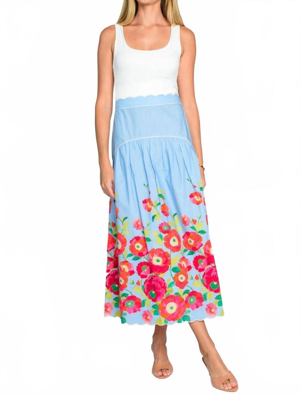NEW ELIZABETH JAMES THE LABEL phoebe midi skirt in poppy patch blueberry